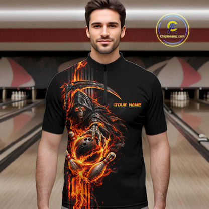 Custom Black Fire Flame Skull Reaper Men Bowling Team Shirts, Personalized Skull Bowling Gifts NBT1082