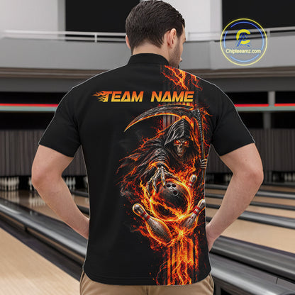 Custom Black Fire Flame Skull Reaper Men Bowling Team Shirts, Personalized Skull Bowling Gifts NBT1082