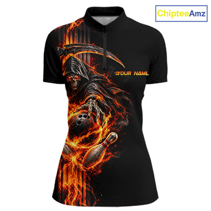 Custom Black Fire Flame Skull Reaper Women Bowling Team Shirts, Personalized Skull Bowling Gifts NBT1082