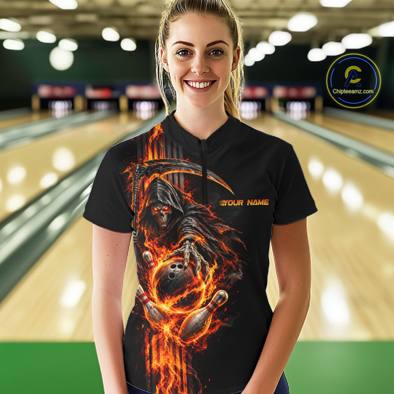 Custom Black Fire Flame Skull Reaper Women Bowling Team Shirts, Personalized Skull Bowling Gifts NBT1082