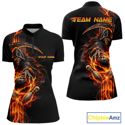 Custom Black Fire Flame Skull Reaper Women Bowling Team Shirts, Personalized Skull Bowling Gifts NBT1082