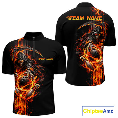 Custom Black Fire Flame Skull Reaper Men Bowling Team Shirts, Personalized Skull Bowling Gifts NBT1082