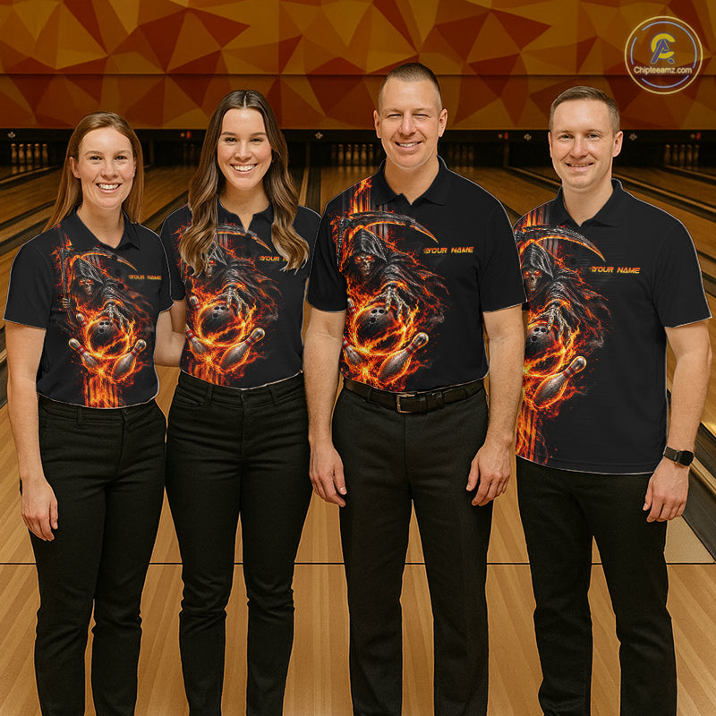 Custom Black Fire Flame Skull Reaper Men Bowling Team Shirts, Personalized Skull Bowling Gifts NBT1082