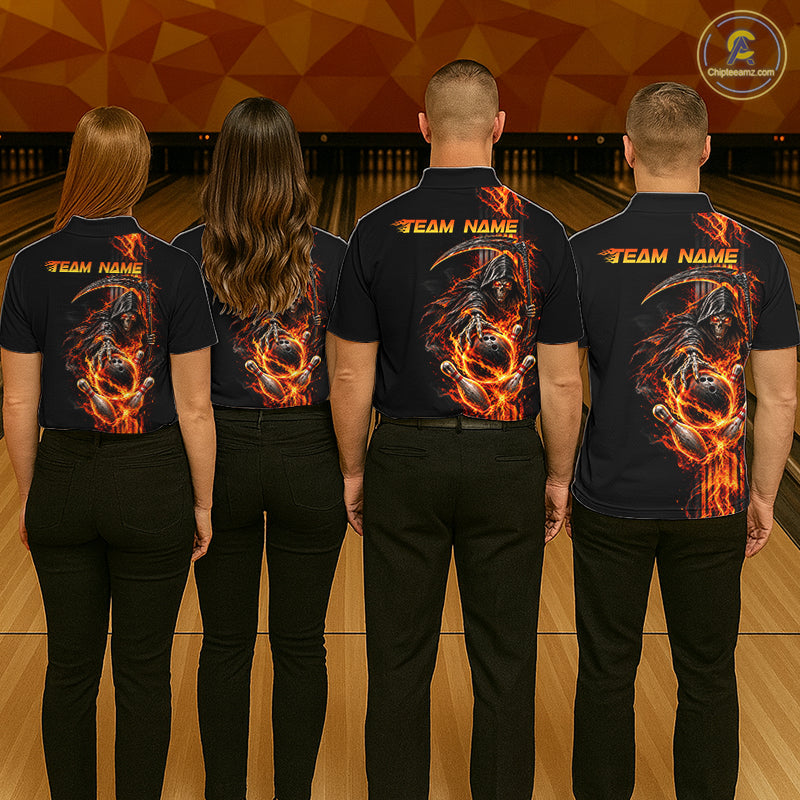 Custom Black Fire Flame Skull Reaper Men Bowling Team Shirts, Personalized Skull Bowling Gifts NBT1082