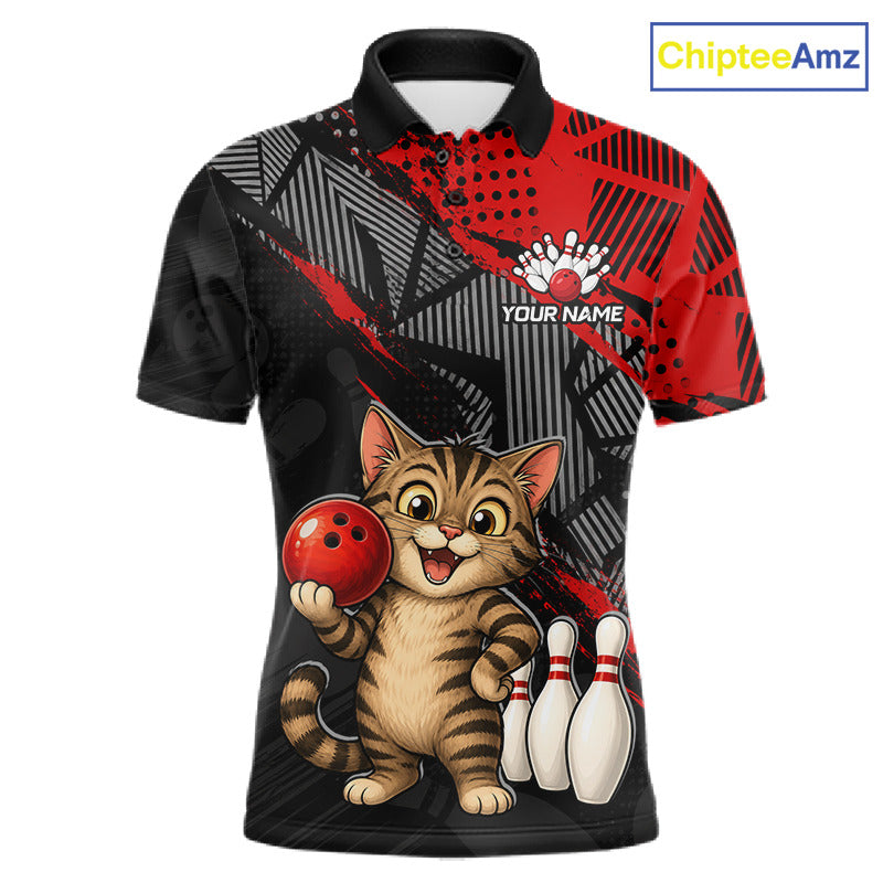 Front view of custom red funny cat bowling shirt for men in team polo style