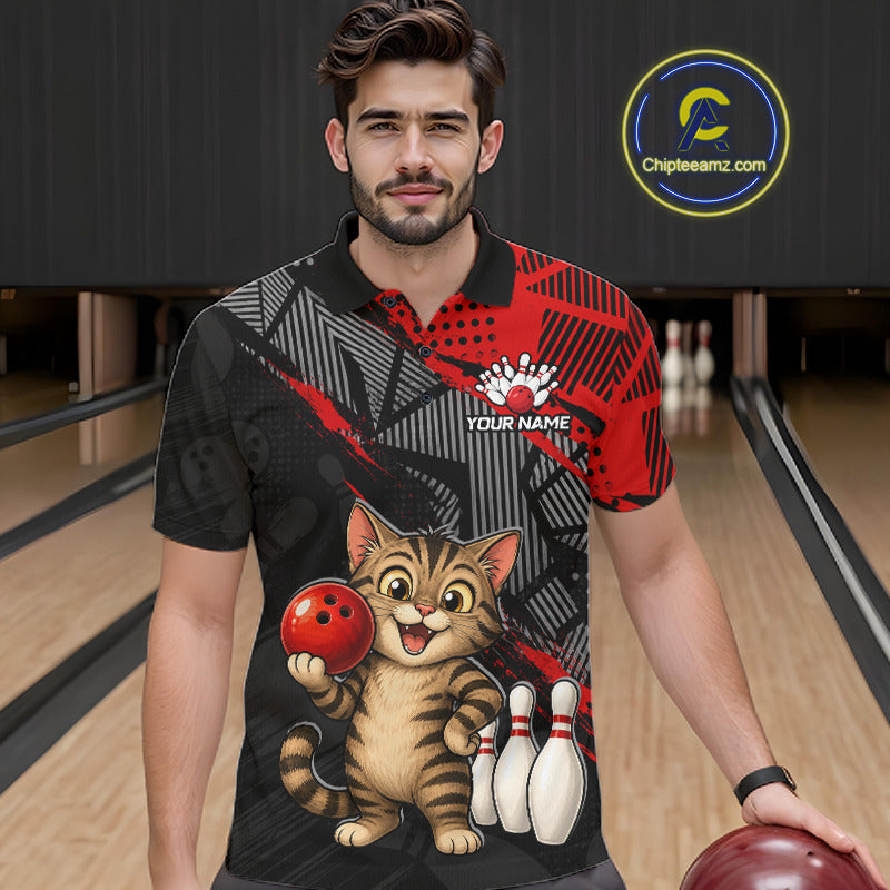 man bowler wearing custom red funny cat bowling team polo shirt on the lanes