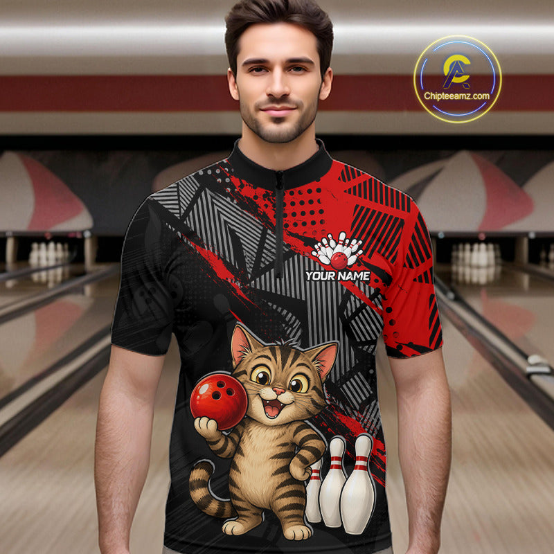 man bowler wearing custom red funny cat bowling team 1/4 quarter-zip shirt on the lanes