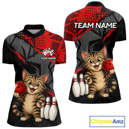 Front and back view of custom red funny cat bowling quarter-zip shirt for women