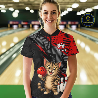 Woman bowler wearing custom red funny cat bowling team 1/4 quarter zip shirt on the lanes