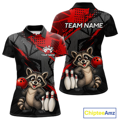 Front and back view of custom red funny raccoon women’s bowling team polo shirt