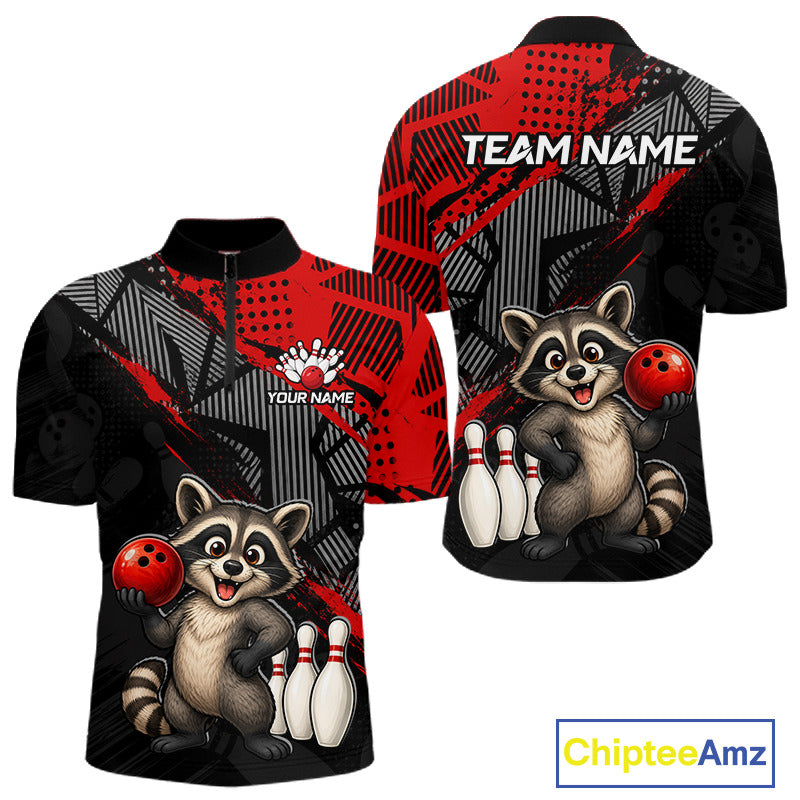 Front and back view of custom red funny raccoon bowling quarter-zip shirt for men