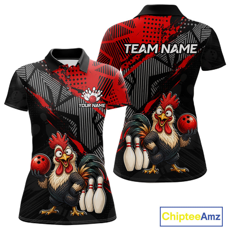 Custom Red Funny Rooster Bowling Shirt For Women Bowling Jersey Polo & Quarter-Zip Bowling Outfit NBT927