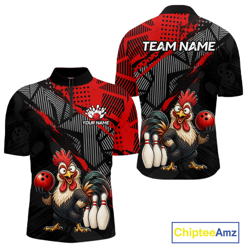 Front view of custom red funny rooster bowling quarter-zip shirt for men
