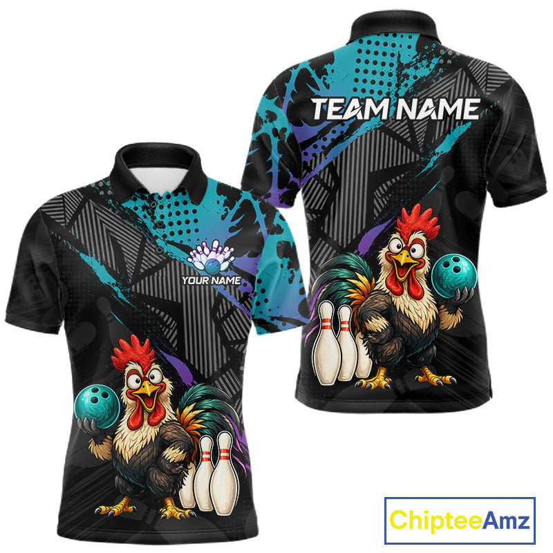 Custom Neon Blue Purple Funny Rooster Bowling Men Polo & 1/4 Quarter Zip Shirt, Bowling Team NBT932