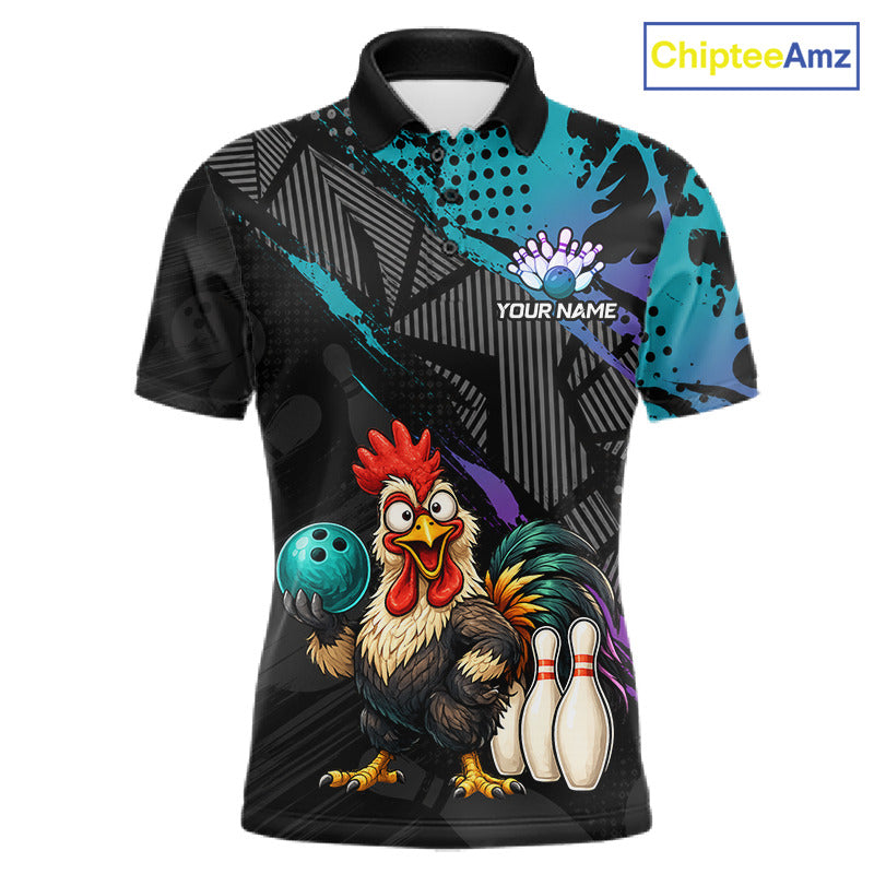 Custom Neon Blue Purple Funny Rooster Bowling Men Polo & 1/4 Quarter Zip Shirt, Bowling Team NBT932