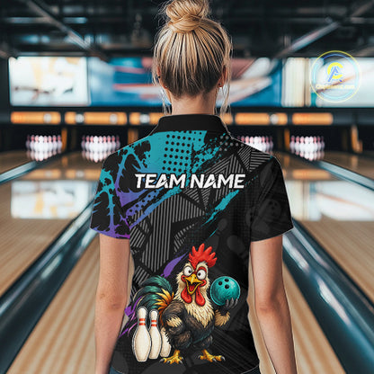 Custom Neon Blue Purple Funny Rooster Bowling Women Polo & 1/4 Quarter Zip Shirt, Bowling Team NBT932