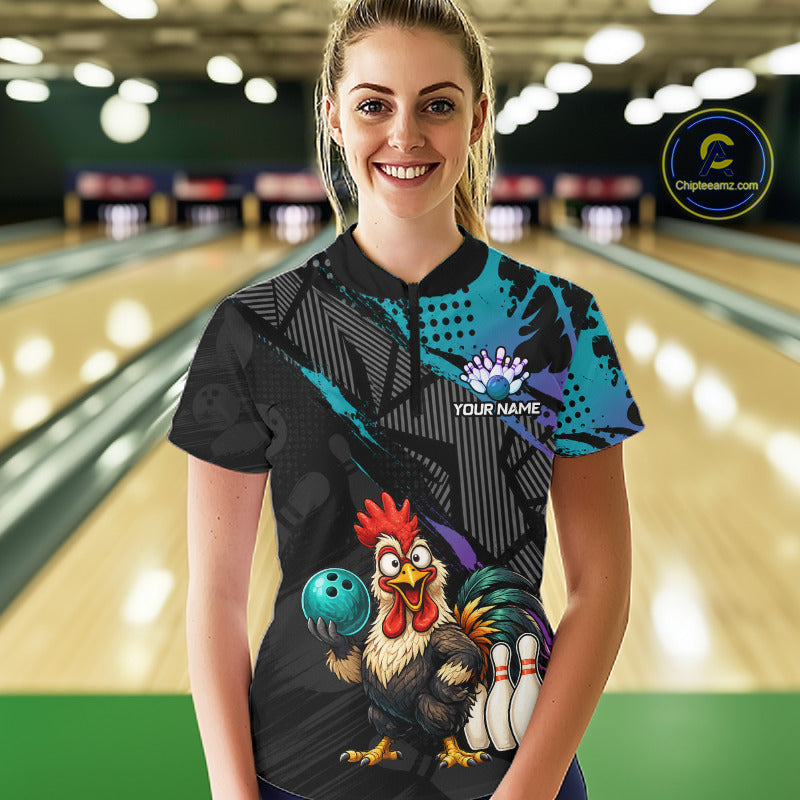 Custom Neon Blue Purple Funny Rooster Bowling Women Polo & 1/4 Quarter Zip Shirt, Bowling Team NBT932