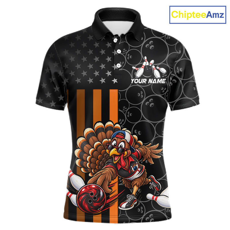 Funny Turkey Bowling Shirt For Men, American Flag Bowling Tournament Polo & 1/4 Zip Bowling Team Shirts NBT1087