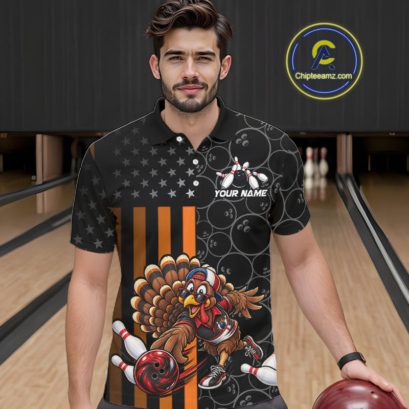 Funny Turkey Bowling Shirt For Men, American Flag Bowling Tournament Polo & 1/4 Zip Bowling Team Shirts NBT1087
