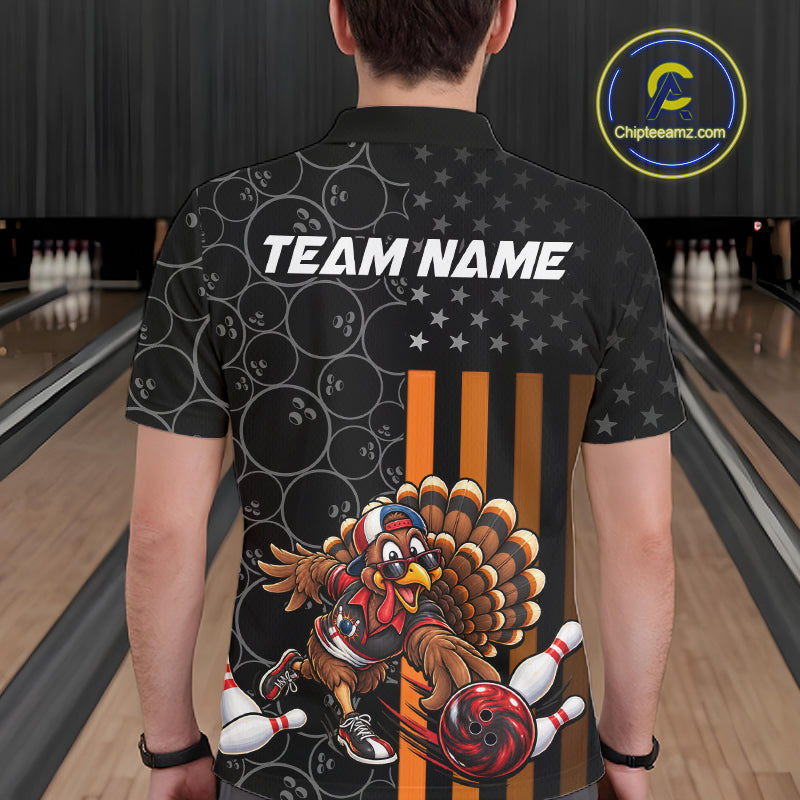 Funny Turkey Bowling Shirt For Men, American Flag Bowling Tournament Polo & 1/4 Zip Bowling Team Shirts NBT1087