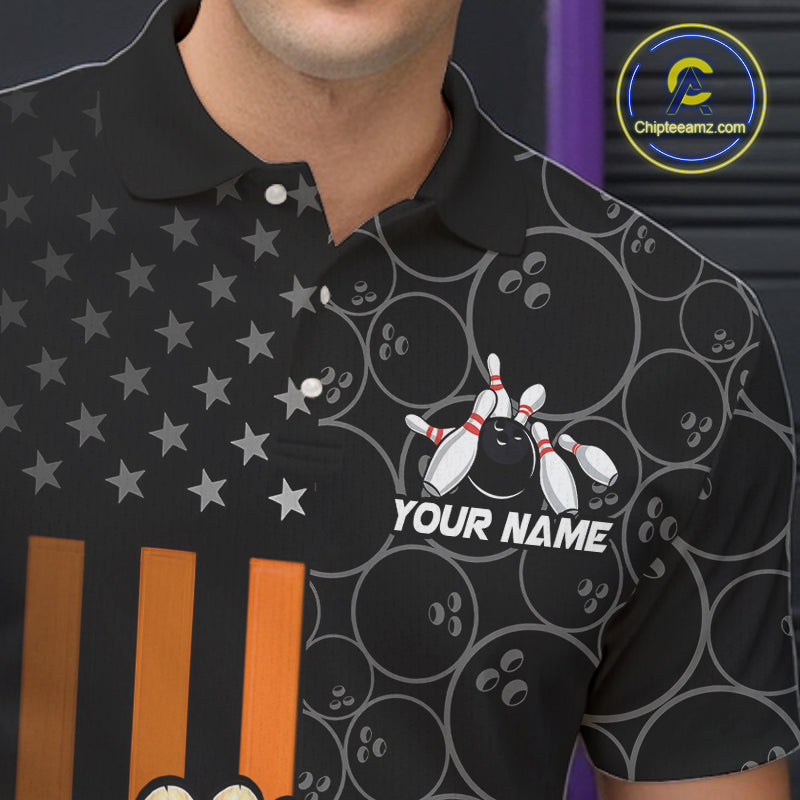 Funny Turkey Bowling Shirt For Men, American Flag Bowling Tournament Polo & 1/4 Zip Bowling Team Shirts NBT1087