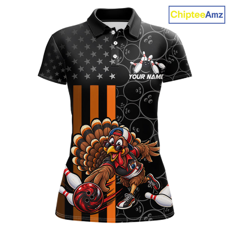 Funny Turkey Bowling Shirt For Women, American Flag Bowling Tournament Polo & 1/4 Zip Bowling Team Shirts NBT1087