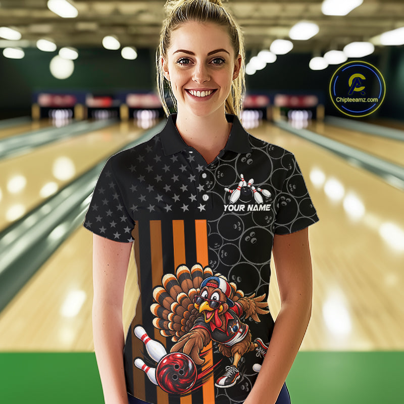 Funny Turkey Bowling Shirt For Women, American Flag Bowling Tournament Polo & 1/4 Zip Bowling Team Shirts NBT1087