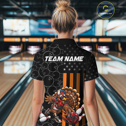 Funny Turkey Bowling Shirt For Women, American Flag Bowling Tournament Polo & 1/4 Zip Bowling Team Shirts NBT1087