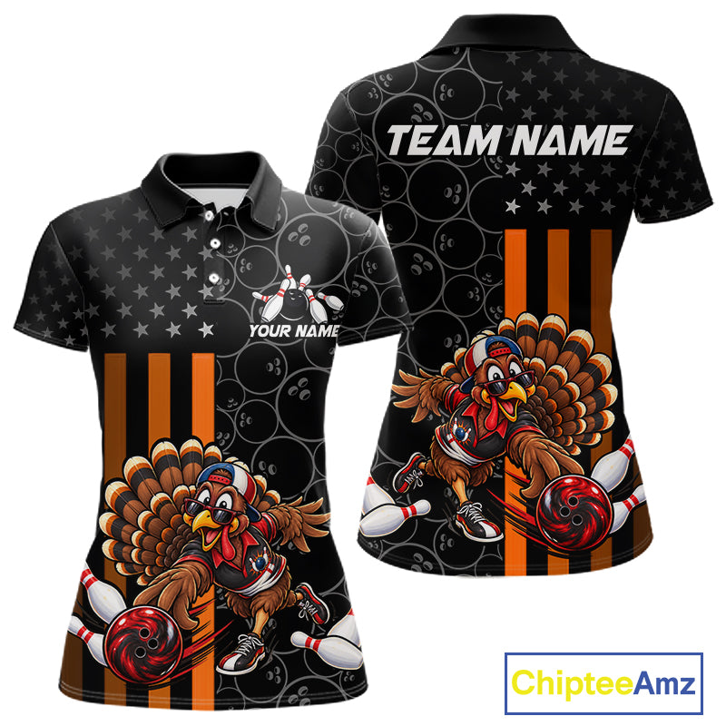 Funny Turkey Bowling Shirt For Women, American Flag Bowling Tournament Polo & 1/4 Zip Bowling Team Shirts NBT1087