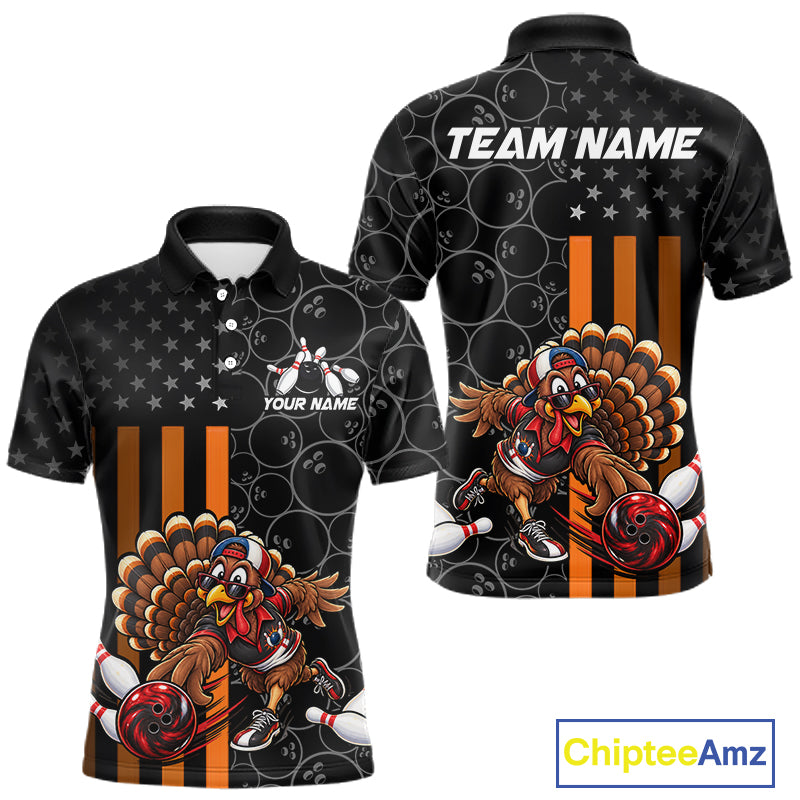 Funny Turkey Bowling Shirt For Men, American Flag Bowling Tournament Polo & 1/4 Zip Bowling Team Shirts NBT1087