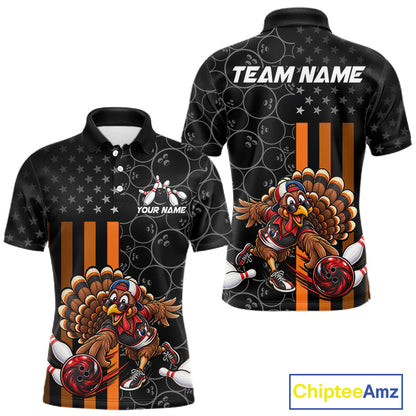Funny Turkey Bowling Shirt For Men, American Flag Bowling Tournament Polo & 1/4 Zip Bowling Team Shirts NBT1087