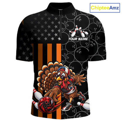 Funny Turkey Bowling Shirt For Men, American Flag Bowling Tournament Polo & 1/4 Zip Bowling Team Shirts NBT1087