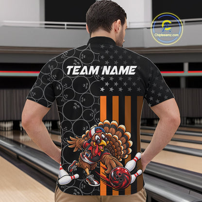 Funny Turkey Bowling Shirt For Men, American Flag Bowling Tournament Polo & 1/4 Zip Bowling Team Shirts NBT1087