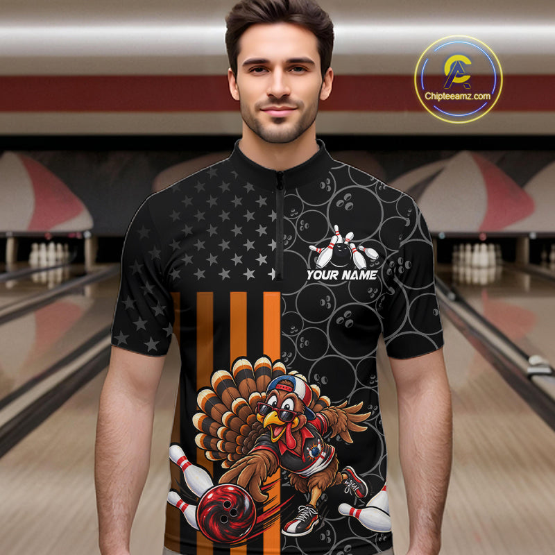 Funny Turkey Bowling Shirt For Men, American Flag Bowling Tournament Polo & 1/4 Zip Bowling Team Shirts NBT1087