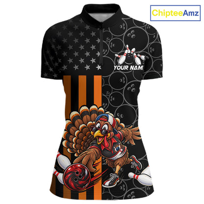 Funny Turkey Bowling Shirt For Women, American Flag Bowling Tournament Polo & 1/4 Zip Bowling Team Shirts NBT1087