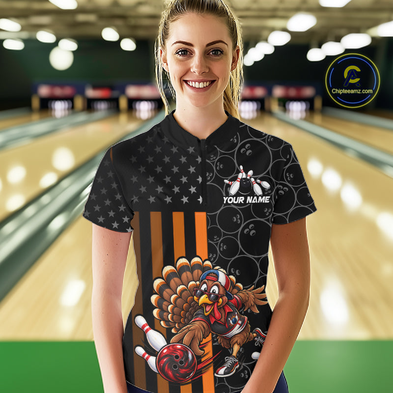 Funny Turkey Bowling Shirt For Women, American Flag Bowling Tournament Polo & 1/4 Zip Bowling Team Shirts NBT1087
