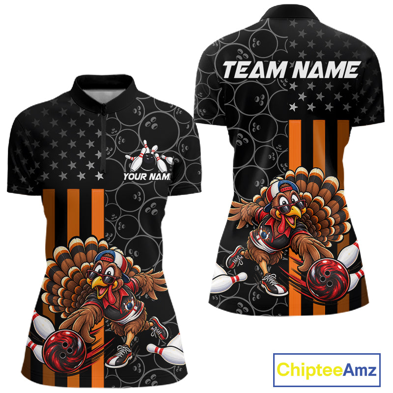 Funny Turkey Bowling Shirt For Women, American Flag Bowling Tournament Polo & 1/4 Zip Bowling Team Shirts NBT1087
