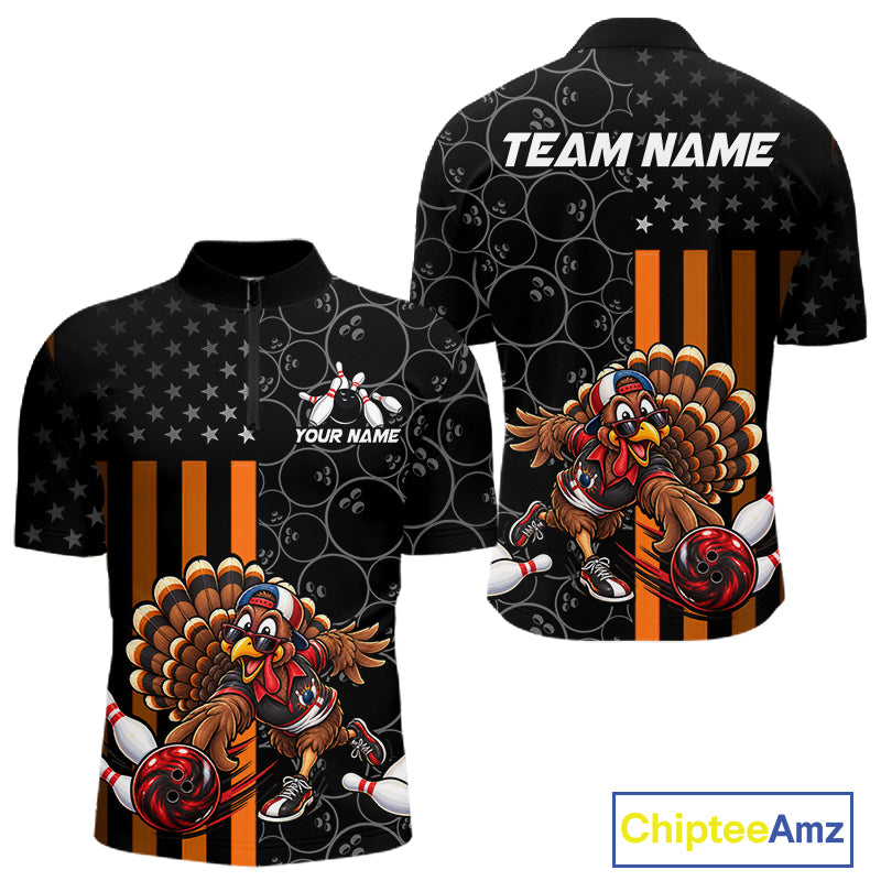 Funny Turkey Bowling Shirt For Men, American Flag Bowling Tournament Polo & 1/4 Zip Bowling Team Shirts NBT1087