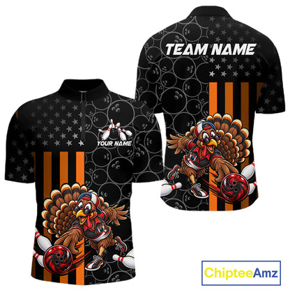 Funny Turkey Bowling Shirt For Men, American Flag Bowling Tournament Polo & 1/4 Zip Bowling Team Shirts NBT1087