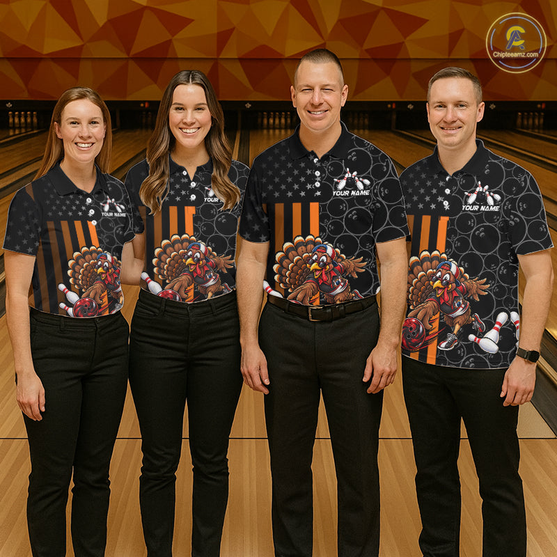 Funny Turkey Bowling Shirt For Men, American Flag Bowling Tournament Polo & 1/4 Zip Bowling Team Shirts NBT1087