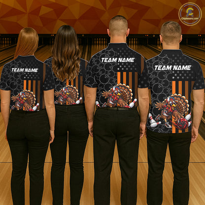 Funny Turkey Bowling Shirt For Men, American Flag Bowling Tournament Polo & 1/4 Zip Bowling Team Shirts NBT1087