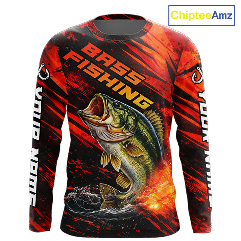 Personalized Fishing Bass Long Sleeve Fishing Shirts Orange Custom Nam, Fishing Shirts For Men NBT382