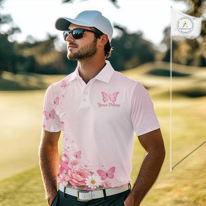 Custom Name Pink Butterfly Floral Pattern Breast Cancer Month Lady Golfer Men's Polo Shirt NBT529