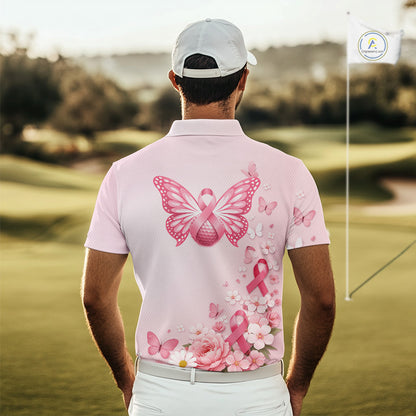 Custom Name Pink Butterfly Floral Pattern Breast Cancer Month Lady Golfer Men's Polo Shirt NBT529