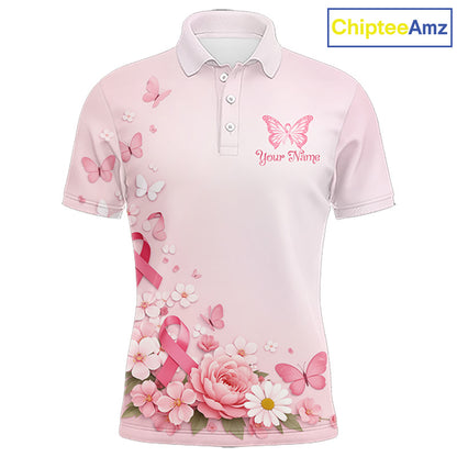 Custom Name Pink Butterfly Floral Pattern Breast Cancer Month Lady Golfer Men's Polo Shirt NBT529