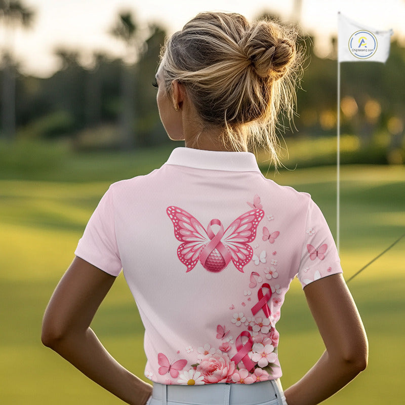 Custom Name Pink Butterfly Floral Pattern Breast Cancer Month Lady Golfer Women's Polo Shirt NBT529