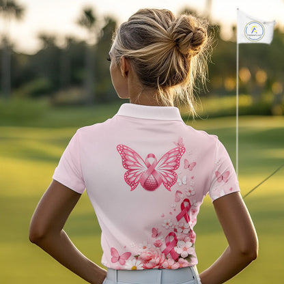 Custom Name Pink Butterfly Floral Pattern Breast Cancer Month Lady Golfer Women's Polo Shirt NBT529