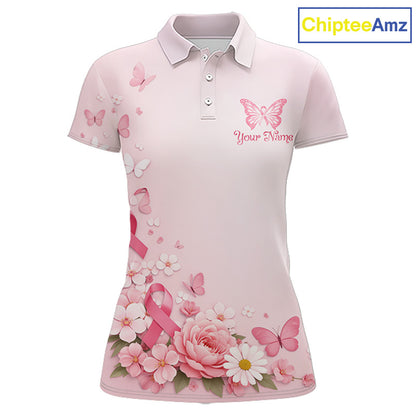 Custom Name Pink Butterfly Floral Pattern Breast Cancer Month Lady Golfer Women's Polo Shirt NBT529