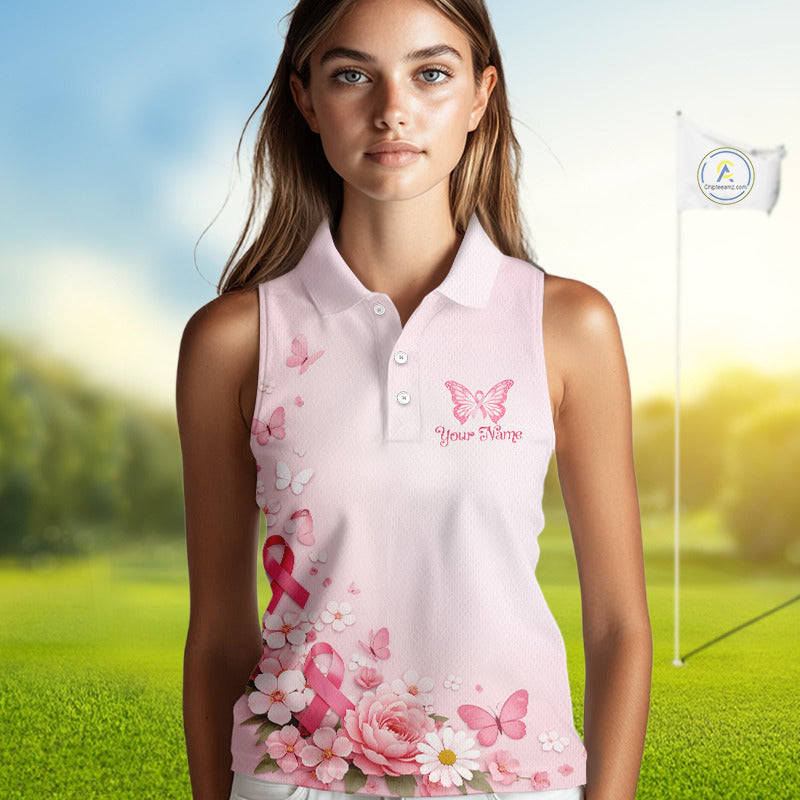 Custom Name Pink Butterfly Floral Pattern Breast Cancer Month Lady Golfer Women's Sleeveless Polo Shirt NBT529