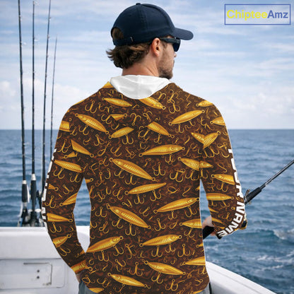 Custom Fishing Lure Yellow Long Sleeve Hooded Fishing Shirts For Men Custom Name, Mens Fishing Outfit NBT388